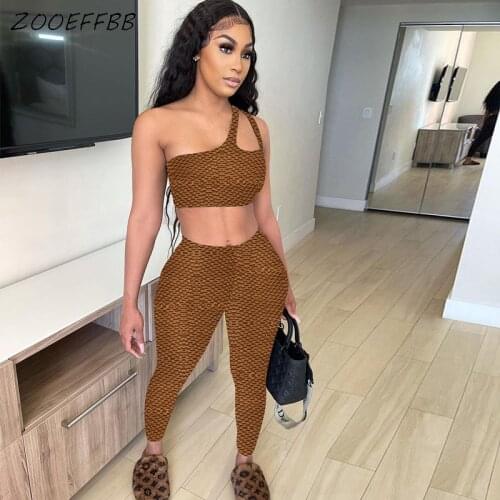 ZOOEFFBB Sexy Sports Two Piece Outfits One Shoulder Crop Top Sweatpants Loungewear Matching Sets for Women Trendy 2021 Clothes
