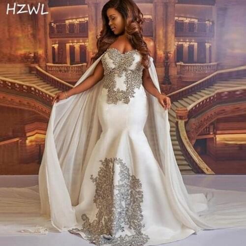 Sexy Off The Shoulder Cape Style Prom Dresses 2021 Crystals Beaded Lace Appliques Satin Mermaid Evening Gowns Robe De Soiree