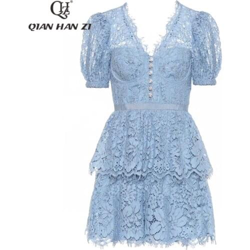 Qian Han Zi Summer Fashion Lace Dress Women V-neck Hollow out embroidered dress Elegant slim crystal button Ruffle party dress
