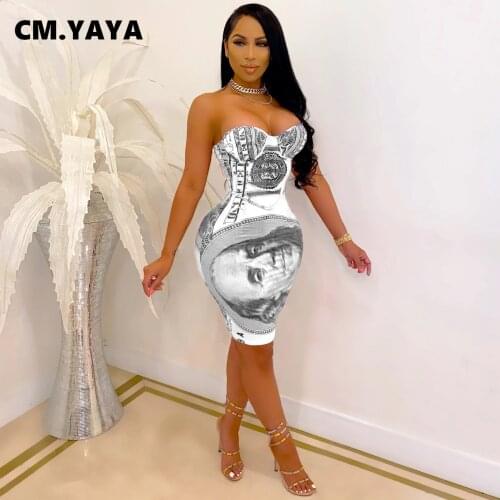 CM.YAYA Women Mini Dress Print Sleeveless Strapless Strechy Bodycon Dresses Sexy Night Clubwear Vestidos Summer Outfits 2021
