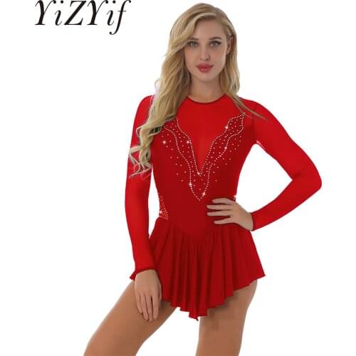 Women Figure Skating Dress Dancewear Shiny Rhinestones Long Sleeve Mesh Splice Leotard Ice Skating Dress Competition Ballet Jazz