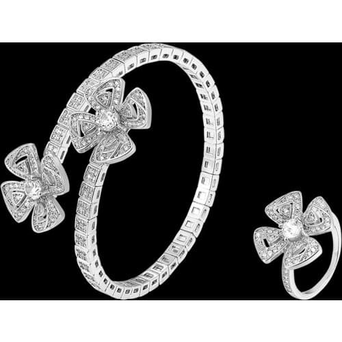 Zlxgirl bridal jewelry Cubic zircon Adjustable Flower Shape Bangle with ring jewelry sets fine women wedding bracelet ring sets