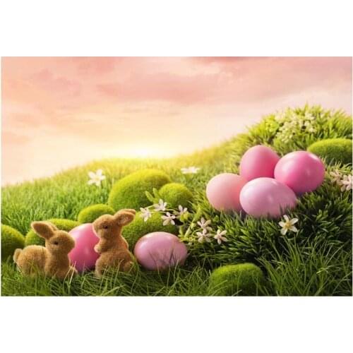 2017 Thin Vinyl Happy Easter Background Eggs Pink Sunset Newborn Baby Lovely Rabbit Grass Children Background Photography Foto