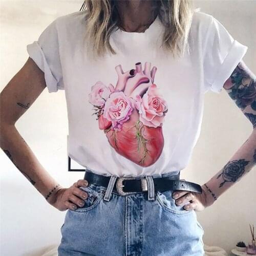 2021 Summer New Funny Heart Graphic Flower Lady Girls Casual New Streetwear T-shirt 90s Harajuku Kawaii Tops Tee