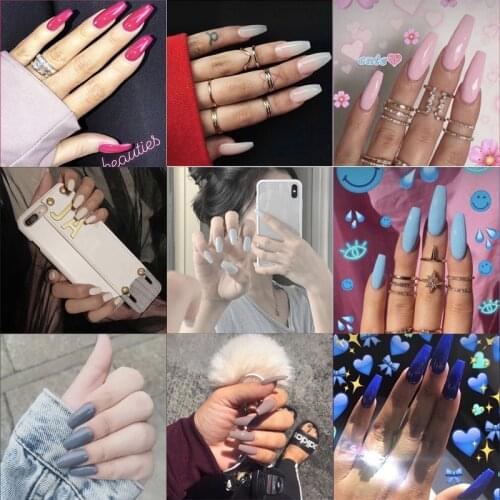 24pcs Blue Pink Solid Color Ballet False Nails French Long Fake Nail Extension French Wearing Nail Tips Women Removable Manicure