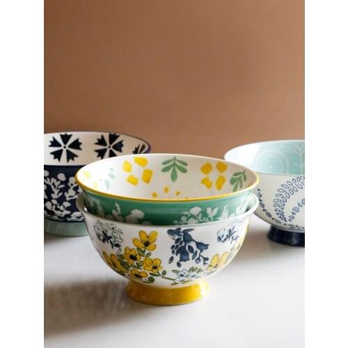 6 inch ceramic bowls thick under glazed floral printed noodles rice tall porcelain bowl blue blue green yellow kitchen cutlery