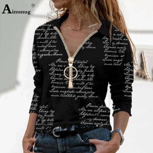 Aimsnug Plus Size Ladies Elegant Leisure Casual T-shirt Womens Top 2021 New Patchwork Zipper Letter Print Tees Shirt Femme 3XL
