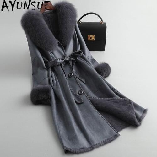 AYUNAUE 2020 Natural Rabbit Fur Coat Female Winter Clothes Women Long Leather Jacket Woman Real Fox Fur Collar Abrigo Mujer 1254