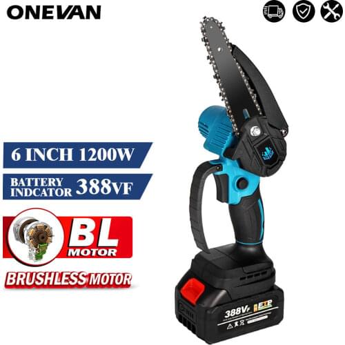 Brushless 6 Inch Mini Electric Chain Saw With Battery Indicator 128VF/388VF Rechargeable Woodworking Tool For Makita 18V Battery