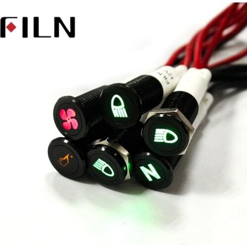 FILN 10mm panel black shell with symbol car applicance 12v led indicator light with 20cm cable