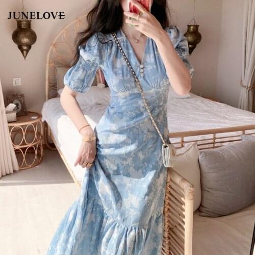 JuneLove Summer Elegant Print Dress Women Designer V-Neck French Retro Party Midi Dress Chic Short Sleeve Casual Vintage 2021