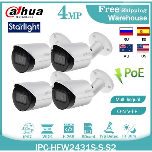 Dahua 4MP IP Camera IPC-HFW2431S-S-S2 H265+POE Onvif SD Card IVS IP67 CCTV Outdoor Starlight Mini Bullet Video Camera 4pcs kit