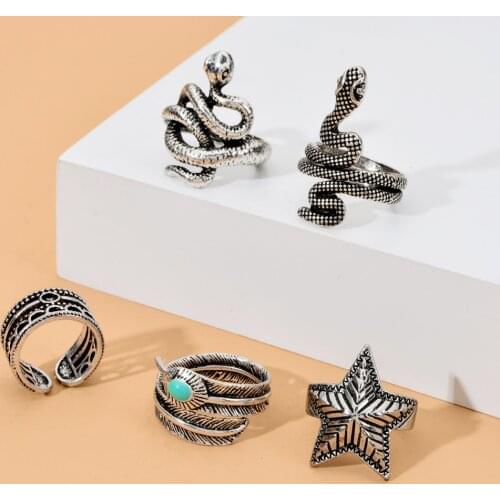 6pcs Retro Punk Snake Ring for Men Women Exaggerated Antique Siver Color Opening Adjustable Rings Anillo Hombre Bijoux Gifts