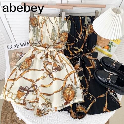 Fashion sleeveless off shoulder Rompers high waist lace up waist print casual wide leg Strapless Rompers 2021 New Summer