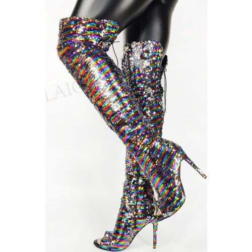 LAIGZEM SUPER Women Over Knee Boots Sequined Glitter Peep Toe Side Zip Shiny High Heels Boots Shoes Woman Large Size 42 45 47 52