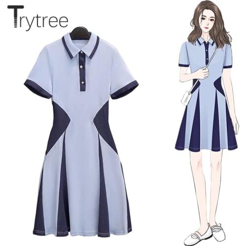 Trytree Summer Women Dress Casual Turn-down Collar Patchwork Colour Cotton Blended Elegant Office Lady Mini A-line Shirt Dress