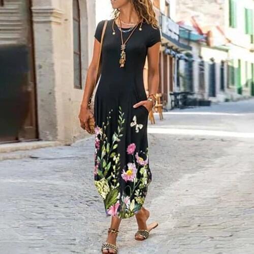 Summer Short Sleeve Floral Print Dresses Women New Casual Mid Dress 2021 3XL Large Size O-Neck Slim Beach Dress Black Robe Femme