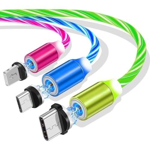 Magnetic Flowing Light LED Cable 3 in 1 Micro USB Magnet Charger Cord for iPhone Samsung Type C Xiaomi Mobile Phone Charging