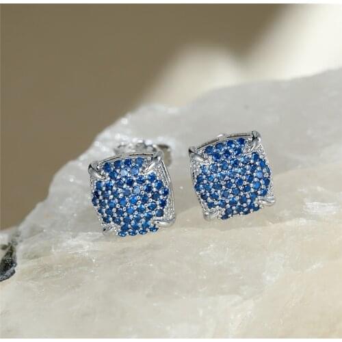 Blue Crystal Zircon Small Earrings Hip Hop Full Stone Stud Earrings Fashion Silver Color Wedding Earrings For Women Punk Jewelry