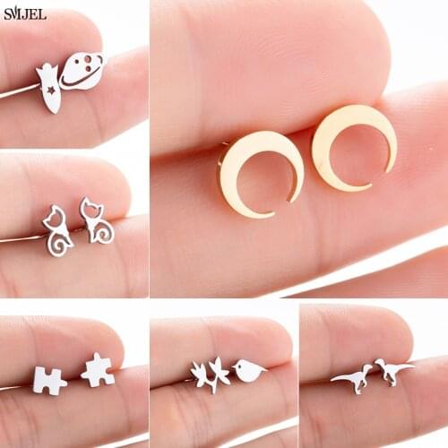Mini Tyrannosaurus Stainless Steel Earrings for Women Kids Dinosaur Puzzle Cat Rocket Planet Crescent Moon Earings Studs Gifts
