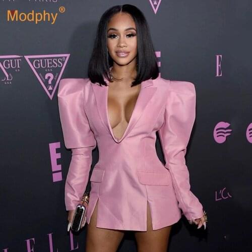 Fashion Women Solid Color Suit Mini Dress Sexy Deep V-neck Puffy Sleeves Slim mini Dresses 2021 Autumn Party womens clothing
