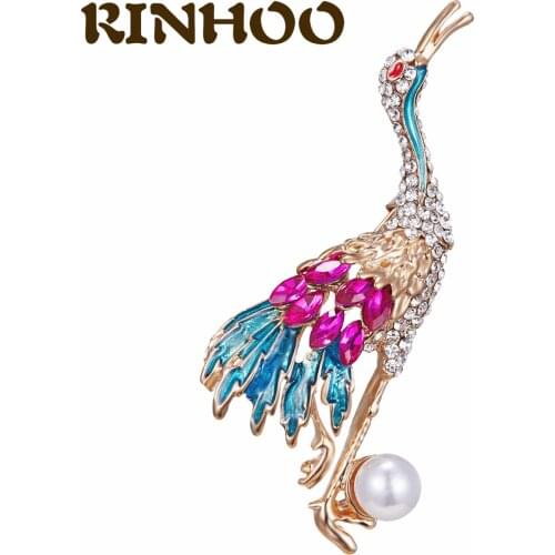 RINHOO Pearl Rhinestone Crane Brooches For Women Men Rhinestone Bird Animal Brooch Party Banquet Jewelry Enamel Pins Gifts