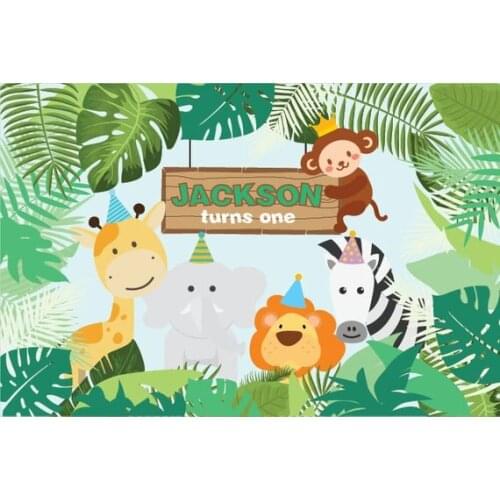 Custom Animal Jungle Safari Giraffe Lion Elephant Zebra Monkey Zoo backdrop Computer print birthday background