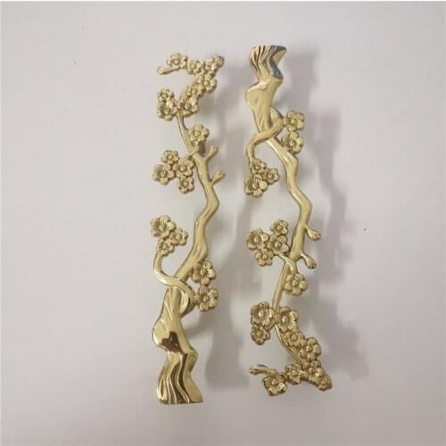 New Super Length Brass Plum Blossom Handmade Cabinet Door Handle Pure Copper Retro Wardrobe Knob Handles Furniture Pulls Diy