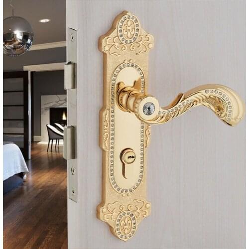 Modern Fashion deluxe gold crystal mechanical mute split lock gold bedroom bookroom solid wooden handle lock Trigeminal lock