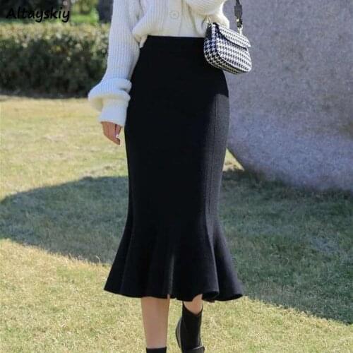 Trumpet Skirts Women Spring Autumn Korean Style Elegant Trendy Mermaid Bodycon Ruffles Mid-calf Female Bottom Ulzzang Jupe Solid