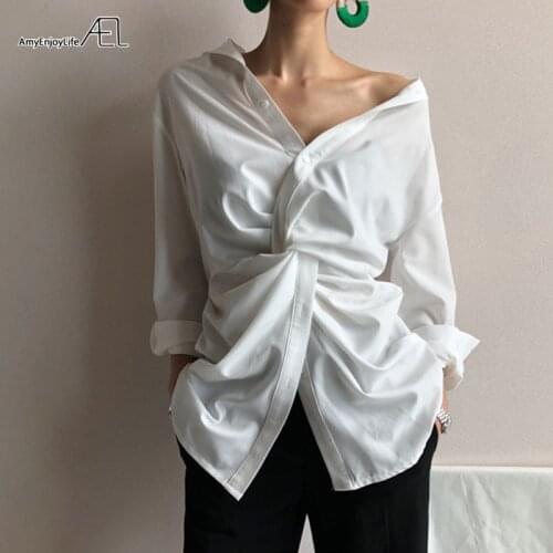 AEL Irregularity Shirt Woman Fashion V-neck Exposed Clavicle Summer New 2019 White Casual Loose Woman Shirts Tops Streetwear