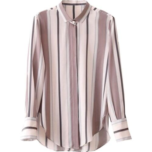 Spring Autumn Style Women Chiffon Blouses Shirts Lady Office Work Wear Stand Collar Striped Printed Blusas Tops DD8953