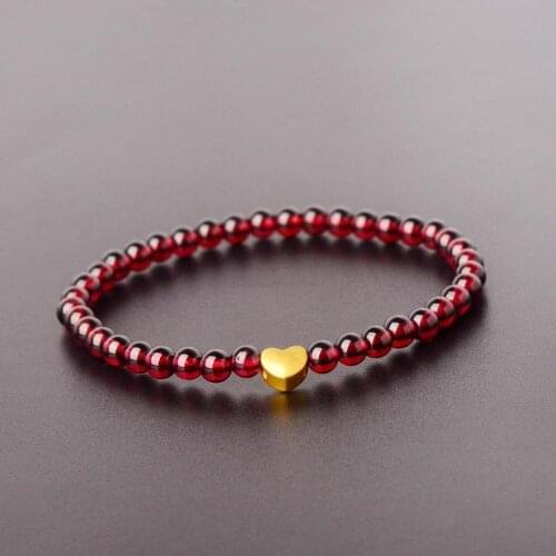 New Real 999 24k Yellow Gold Bracelet Women 3D Little Heart Bead with Garnet Beads Bracelet
