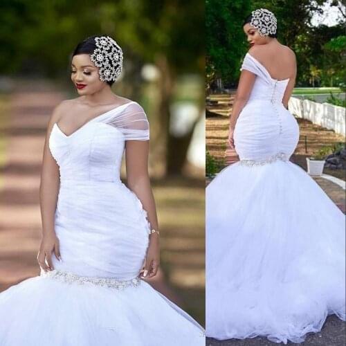 Plus Size Mermaid Wedding Dresses Formal Bridal Gowns African One Shoulder Ruched Beaded Open Back With Button Sweep Train
