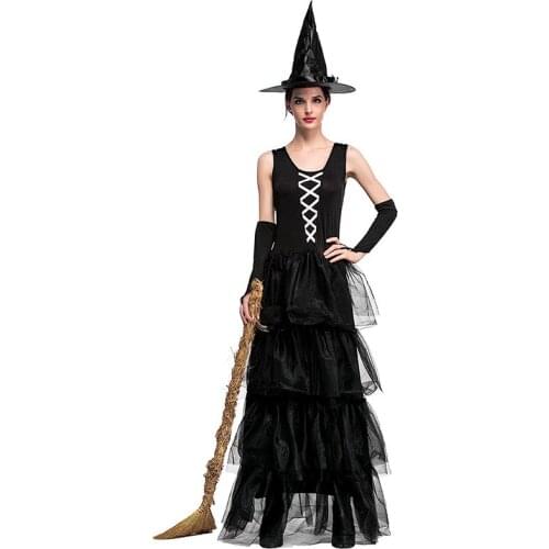 Woman Sexy Vintage Middle Ages Witch Cosplay Dress Black Tank Floor Length Dress Hat Gloves 3pcs Set Halloween Cosplay Costumes