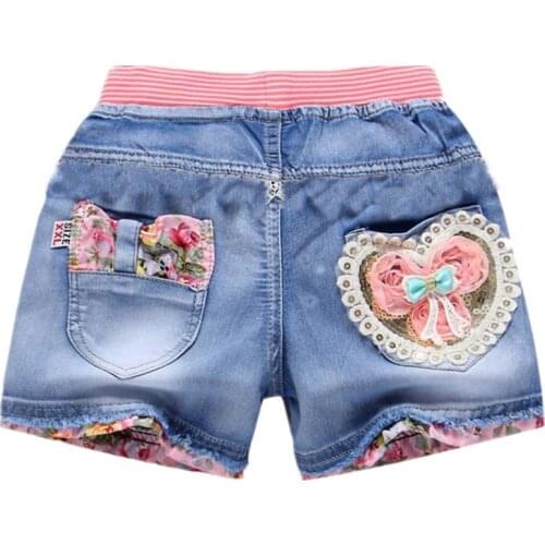 2021 New Girls Denim Shorts Summer Fashion Cute Love Shorts Floral Lace Wild Childrens Pants Girls Denim Shorts Teen 3-13Y