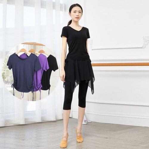 2021 V-neck classical dance clothes, waist line, dance training clothes, womens Yoga T-shirt, Latin folk dance practice clothes
