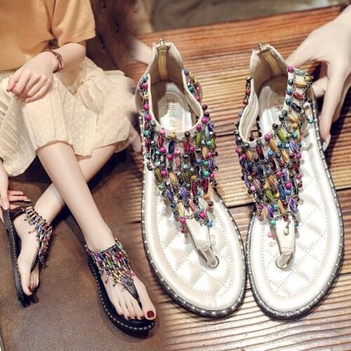 Summer New Fashion Sandals Women 2020 Summer Fringe Casual Leisure Beaded Bohemia Toe Rome Flat Zip Square heel Cover Heel Solid