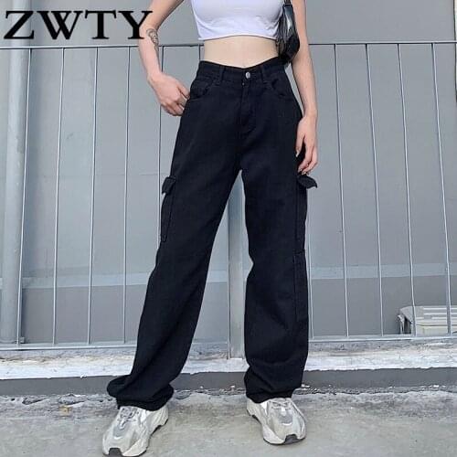 ZWTY Harajuku Fashion Pocket White Womens Jeans Streetwear High Waist Jeans Vintage Straight Denim Pants Cargo Pants
