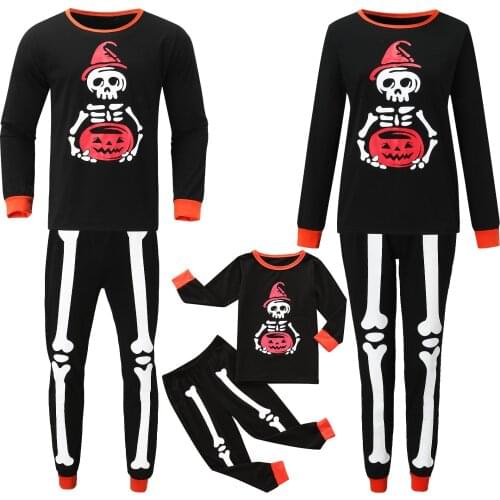 Halloween Pumpkin Skeleton Print Top Pants Pajama Family Sleepwear Matching Set Mom Dad Kids Clothes Halloween Costume Plus Size