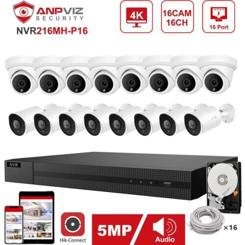 Hikvision OEM 16CH 4K NVR Anpviz 5MP POE IP Camera System Indoor/Outdoor 16pcs IP Cameras Security System IP66 30m P2P Audio