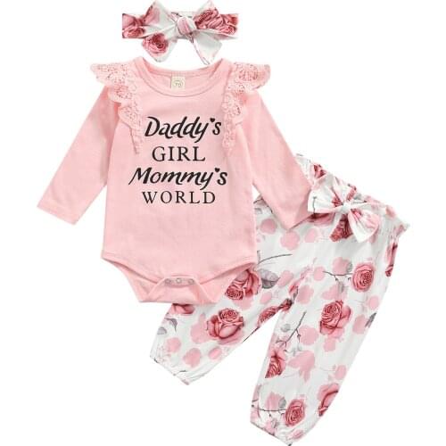 Clothes For Newborns 2021 Autumn Letter Print Long Sleeve Ruffle Romper Floral Pants Headband 3Pcs Cotton Clothing For Girls Set