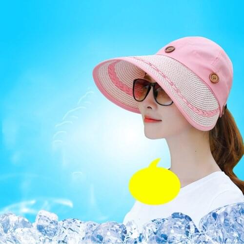 Summer Cycling Outdoors Visor Canvas Fabric Dome Top Sun Straw Hat Denim Stitching Cap Sunscreen Female Handmade Korean Pink