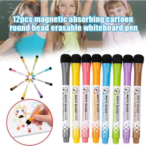 12pcs Magnetic Whiteboard Pen Erasable Dry Wipe Whiteboard Marker Pens With Eraser Tips #07
