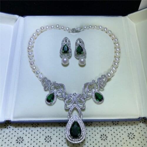 Micro inlay green zircon clasp accessory Luxury freshwater pearl earrings necklace set fashion jewelry