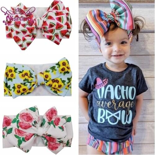 Nishine Fashion Cartoon Pattern Bowknot Toddler Elastic Wide Hairband Colorful Striped Print Bows Baby Headband Kids Accessories