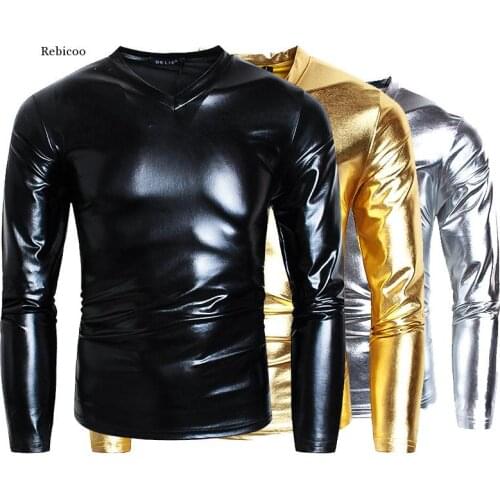 Mens Leather Sexy Dj Bar Tops and Show Nightclub Clothing Large Size Round Collar T-Shirt Men Tees Spring Clothes
