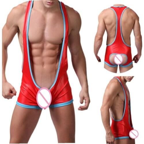 Mens Bodysuit Gay Jumpsuits PU Leather Clubwear Wrestling Singlet Open Hip Backless Leotard One-Piece Bodysuit Jockstraps Boxers