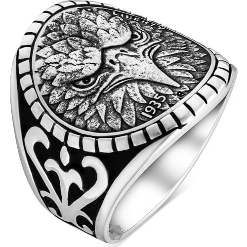 Solid 925 Sterling Silver Liberty 1935 Written Eagle Mens Ring