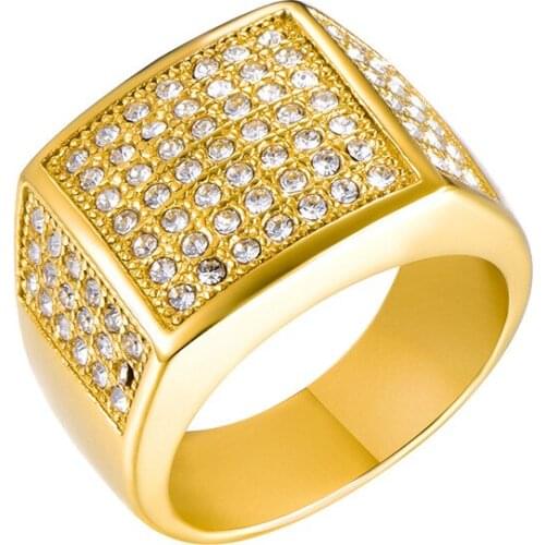 Full Diamond Hip-hop Stainless Steel Geometric Ring Mens Gold Hip-Hop Rock Ring Titanium Steel Jewelry